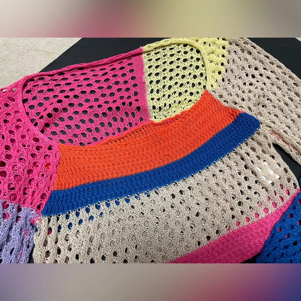 Long Sleeve Crochet Crop Top Color Block Hollow Out Shirt, M